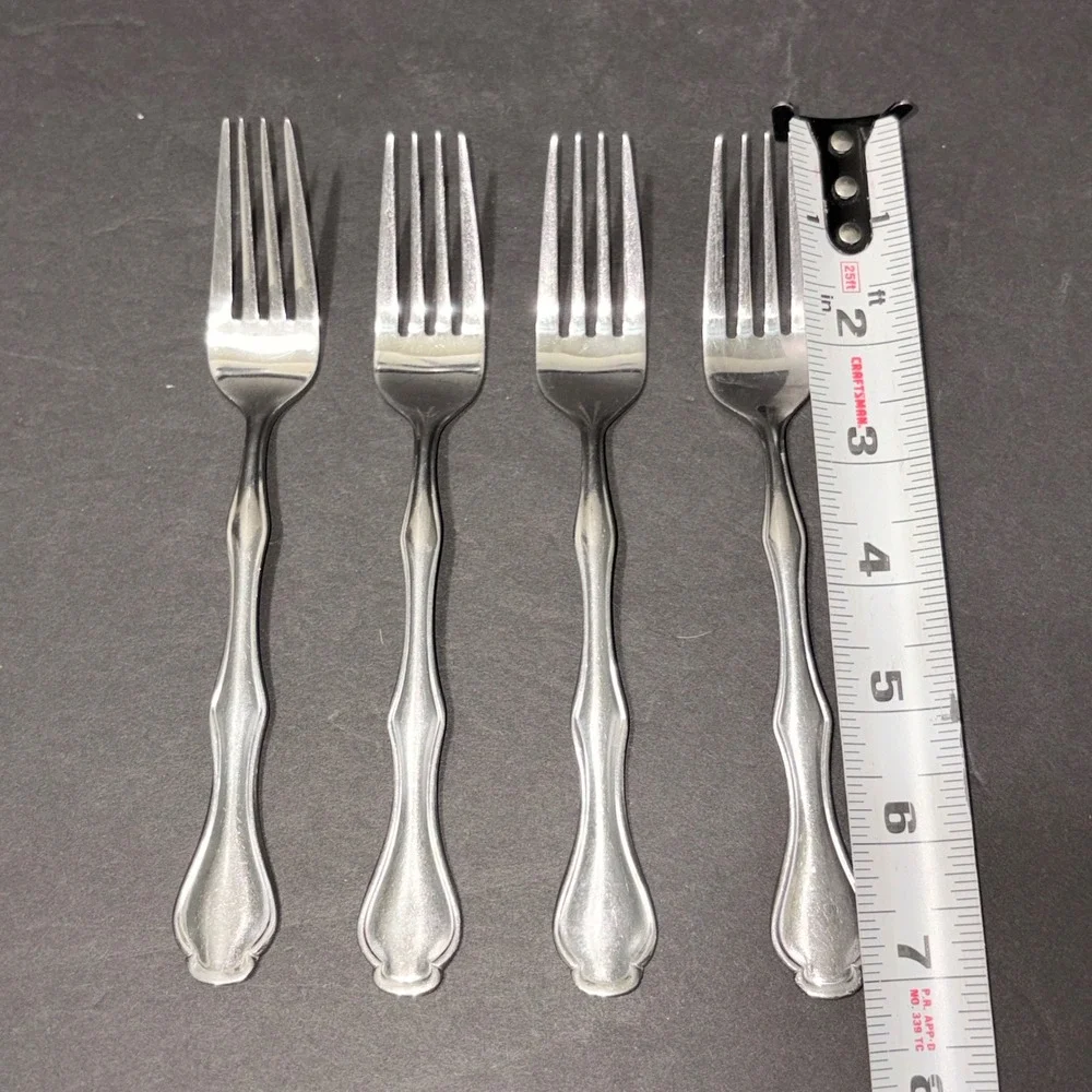 Stainless Steel Dinner Forks Set of 4 Contoured Fiddleback Handle Silver 7.25in